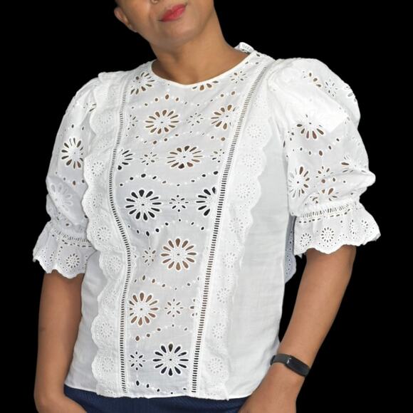 Veronica Beard Gale Blouse White Floral Eyelet Cotton Top Lattice Scallop Size 2 - Picture 13 of 16